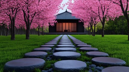 Obraz premium Serene Pathway Through Cherry Blossom Garden