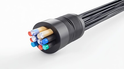 Naklejka premium Fiber optic cables transmit signals over long distances using light, providing high bandwidth and low loss. They consist of glass or plastic fibers encased in protective cladding