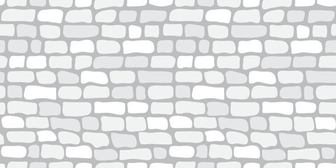 Brick wall seamless pattern, white tile texture, light gray stone background. Path calm repeat wallpaper, geometric modern element print. Cartoon rock block bg. Abstract vector illustration