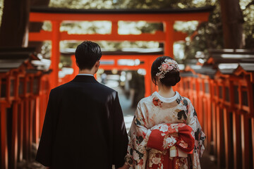 Fototapeta premium Couple in traditional Japanese attire at a red shrine