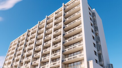 Modern White Apartment Building With Balconies Against Blue Sky
