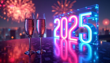 New Year’s Eve celebration. Exploding fireworks in a rainbow of colours illuminate a futuristic cityscape