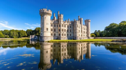 Obraz premium Scenic Castle Reflection in Calm Water Under Clear Sky