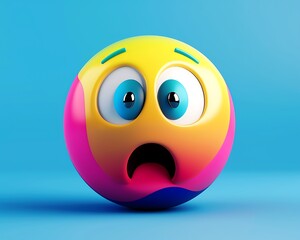 Surprised multicolor emoji ball, vivid colors, isolated on blue
