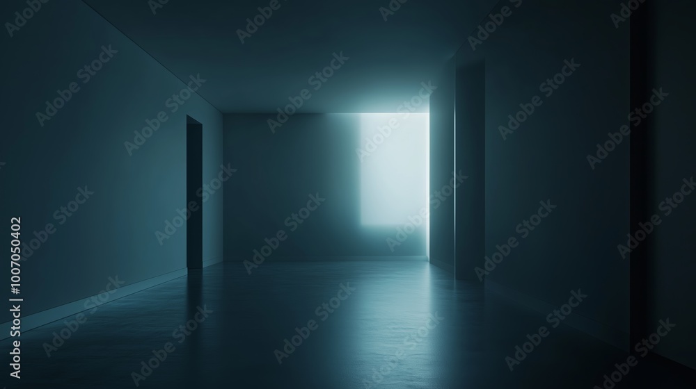 Poster A dimly lit corridor with a single bright window casting light in an otherwise dark interior space