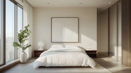 Clean and simple minimalist bedroom with a white duvet cover, minimalist artwork, and large windows