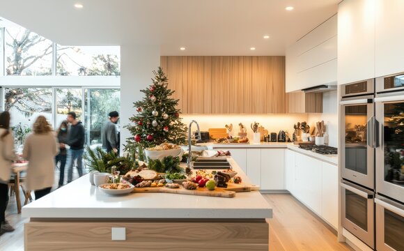 Festive family gathering in a modern kitchen with a Christmas tree and holiday decorations