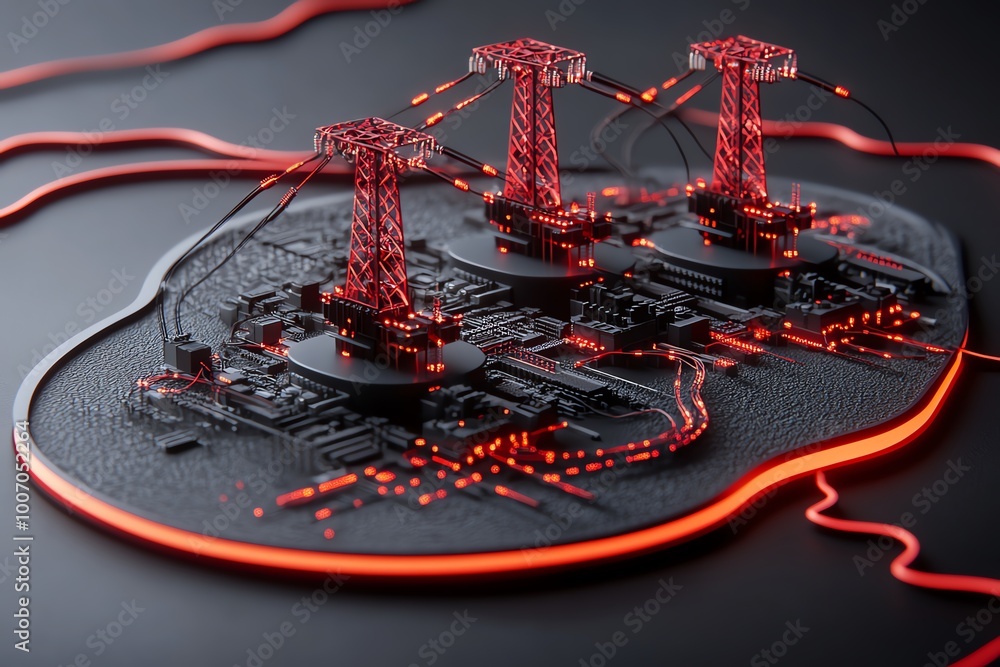 Poster Abstract design of urban power infrastructure, using minimalist shapes to represent energy grids and substations connecting the city.