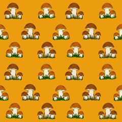 Seamless pattern with mushrooms on orange background cartoon style repeating pattern. Design creates prints clothes, fabric wallpaper postcards, books, posters children's rooms.