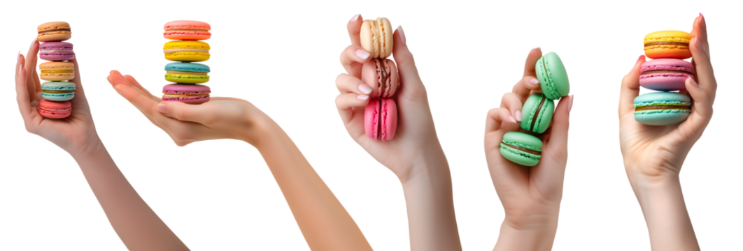 Collection set of hand holding colourful Macaroon Macaron on transparent background cutout, PNG file. Mockup template for artwork graphic design - Powered by Adobe