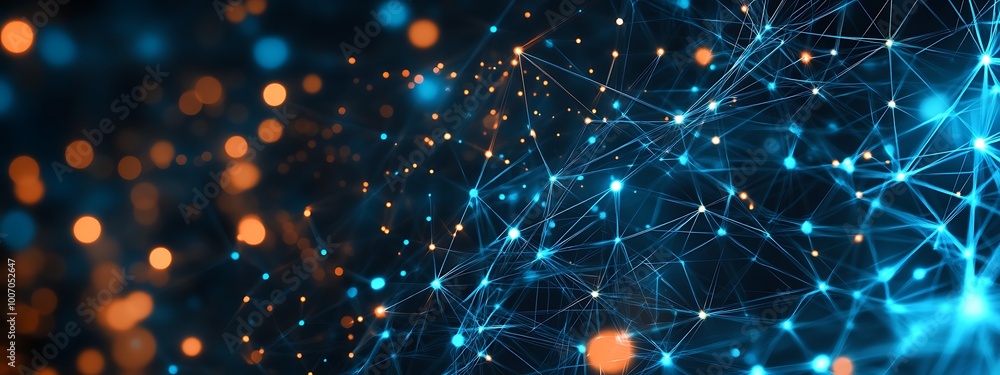 Poster Abstract background with glowing blue lines and dots, connected in a network pattern, with orange bokeh lights in the background.