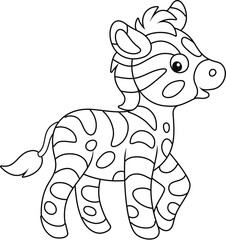 Funny little baby zebra with black and white stripes, black and white outline vector cartoon illustration for a coloring book