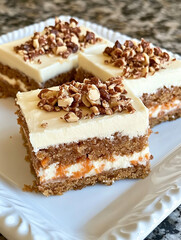 Delicious Slices of Carrot Cake with Cream Cheese Frosting. Close-up of a slices of carrot cake with rich cream cheese frosting. AI Generative