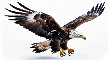 A majestic eagle in flight, showcasing its powerful wings and sharp talons against a white background.