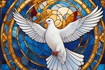 Colorful abstract white dove spirit animal bird portrait with stained glass decoration illustration texture design.
