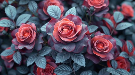 Obraz premium Gloomy Fantasy Rose Garden, a captivating display of dark red and violet roses with shimmering silver edges, creating an enchanting atmosphere of mystery and allure.