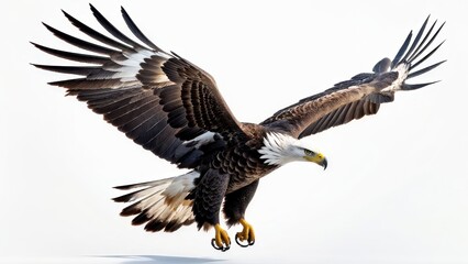 Obraz premium A majestic eagle soaring with outstretched wings against a light background.