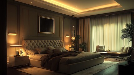 Elegant and modern bedroom with a luxurious bedding setup, soft lighting, and a chic color scheme