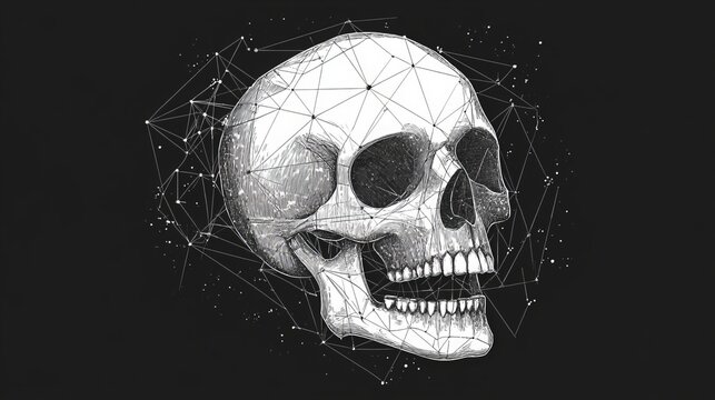 Interwoven thin lines form a geometric skull illustration, adorned with a distressed halftone effect. Characterized by low-polygon line art, it exudes a vintage aesthetic with its gritty texture. 
