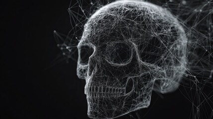 Intricate vector line art depicts a skull composed of a polygonal network of delicate lines, forming an abstract representation against a black backdrop. 