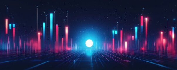 Futuristic stock market candlestick chart set against a cosmic background with glowing red and blue lights conveying a sense of dynamic financial markets and data visualization