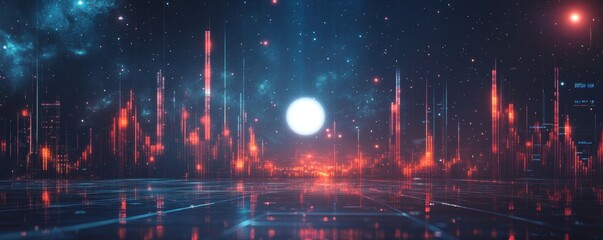 Futuristic stock market candlestick chart with glowing data visualization in a cosmic digital space theme