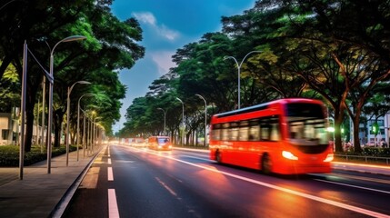 Obraz premium Red Bus on a Tree-Lined Street at Dusk
