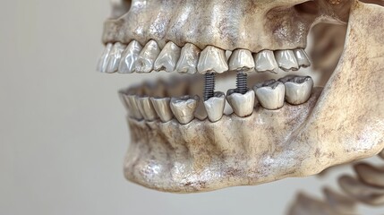 Naklejka premium Metal plates and screws have been used to fix a fractured jawbone in this 3D illustration. The jawbone, or mandible, is the only movable bone in the skull. It is responsible for chewing, speaking