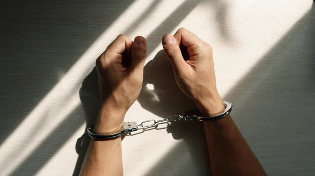 Hands in handcuffs on the table