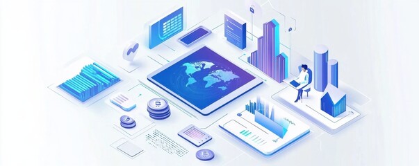 Digital illustration depicting global financial technology with futuristic elements on a white background with blue and purple isometric design