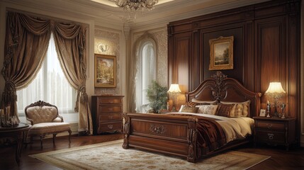 Elegant classic bedroom with ornate wooden furniture and vintage decor, soft lighting