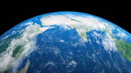 A close up of the Earth with a blue sky and clouds