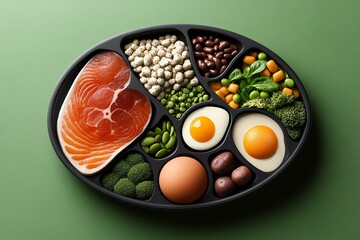 Abstract representation of a balanced blood type diet plate, with minimalist shapes symbolizing different food groups for healthy eating.