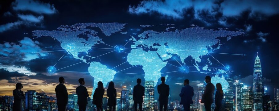 Silhouetted business people standing against a digital world map with blue lines connecting diverse cities, symbolizing global networking and international communication.