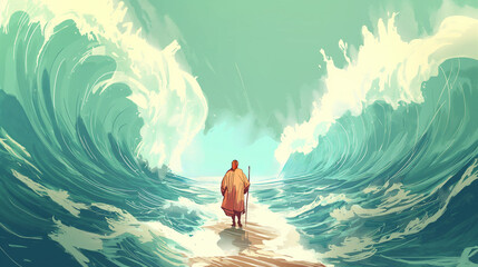 Moses parting the Red Sea and guiding the Jews through the parted waters as they journey from Egypt