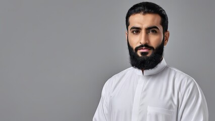 Obraz premium A man in traditional attire poses confidently against a gray background.
