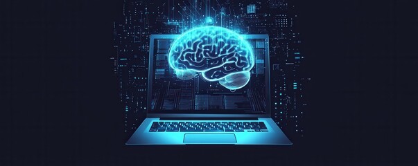 Futuristic digital artwork of an illuminated brain over a laptop, symbolizing artificial intelligence and technological innovation