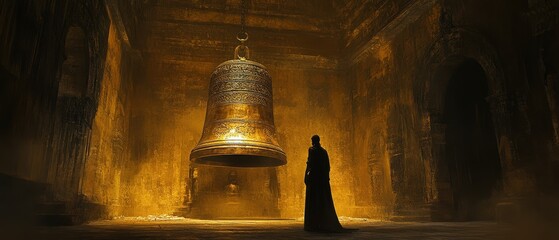 Obraz premium A man stands in front of a large bell in a dark room