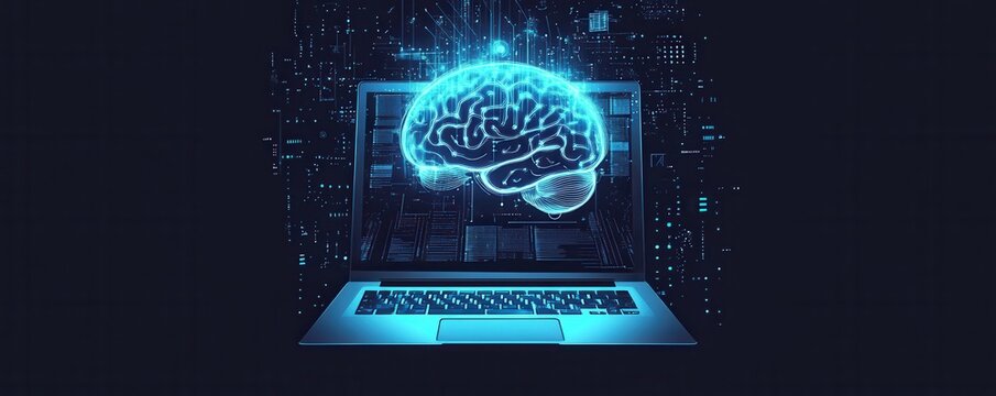 Futuristic digital artwork of an illuminated brain over a laptop, symbolizing artificial intelligence and technological innovation