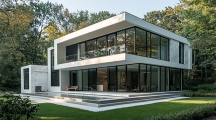 Fototapeta premium A serene picture of a contemporary house distinguished by its clean lines and geometric shapes featuring ample glass windows and white marble walls