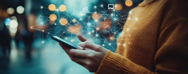 Close-up of a hand holding a smartphone with digital connections in the background, depicting modern technology and communication
