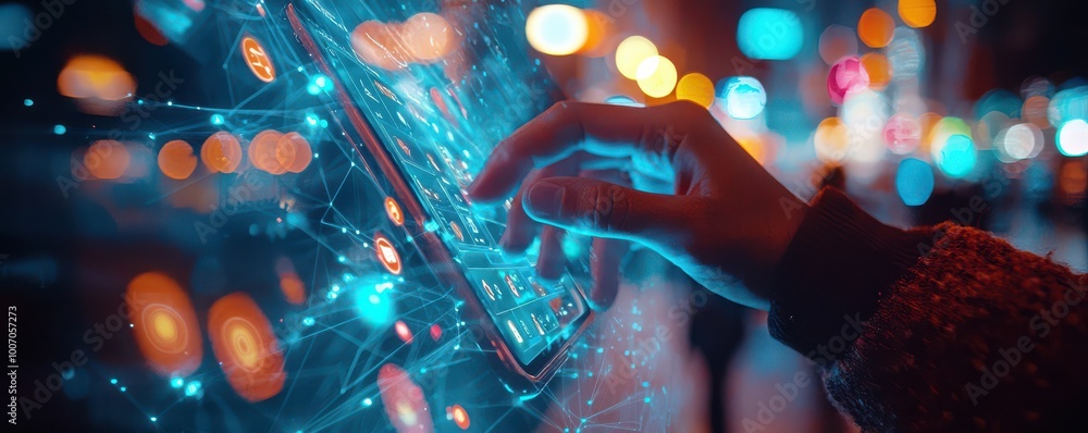 Poster close-up of a hand interacting with mobile device amidst glowing network lines and digital icons