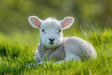 Fototapeta premium A sheep's offspring relaxes in a lush meadow, great for backgrounds or rural scenes