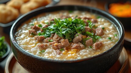 Close-up of a Bowl of Savory Rice Congee with Meat and Herbs