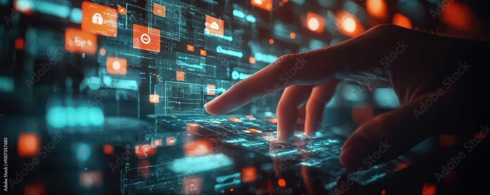 Poster close-up view of a hand interacting with a digital interface on a mobile device, depicting advanced 