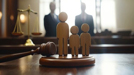 A wooden family figure and gavel placed on a judge's table in a courthouse during a court hearing, with a lawyer visible in the background. 