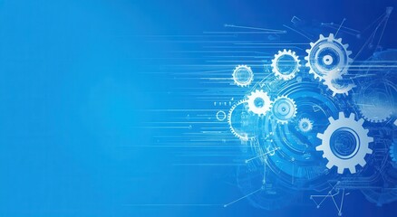 Blue technology background with gears and arrows depicting innovation and mechanical progress