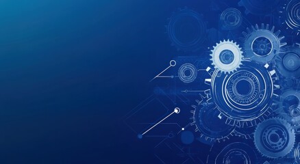 Blue technology background with gears and arrows depicting innovation and mechanical progress