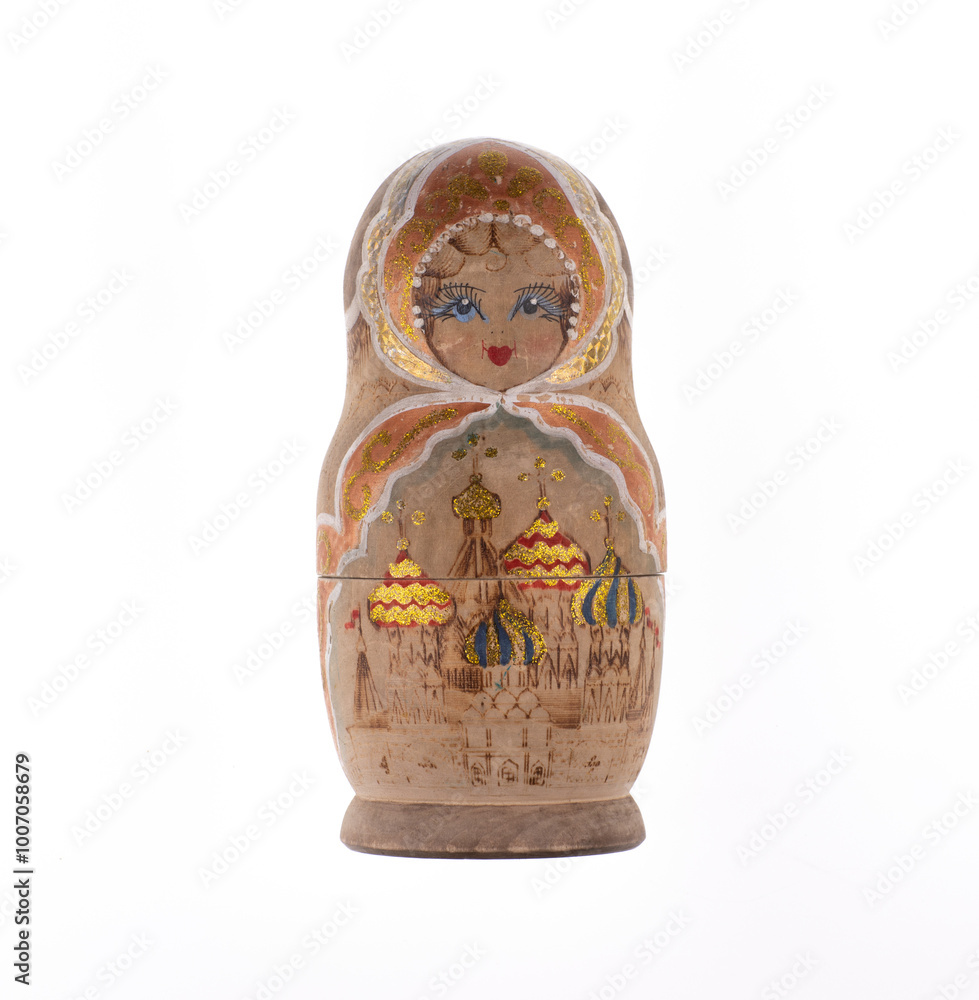 Wall mural vintage wooden russian nesting doll isolated on white background