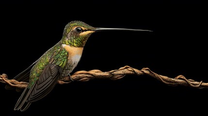 Fototapeta premium Sword-billed Hummingbird Perched on a Branch on a Black Background, Realistic Photo, Wallpaper, Cover and Screen for Smartphone, PC, Laptop, 9:16 and 16:9 Format